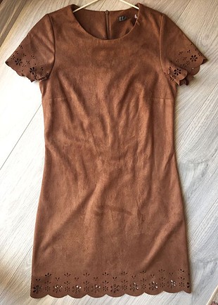 Süet mini lazer kesim elbise 