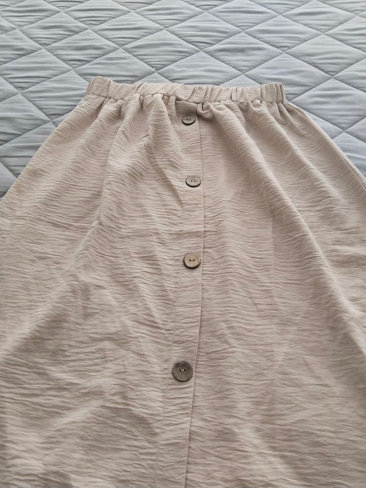 Bej Düğmeli Kadın Uzun Keten Etek - Görsel 2