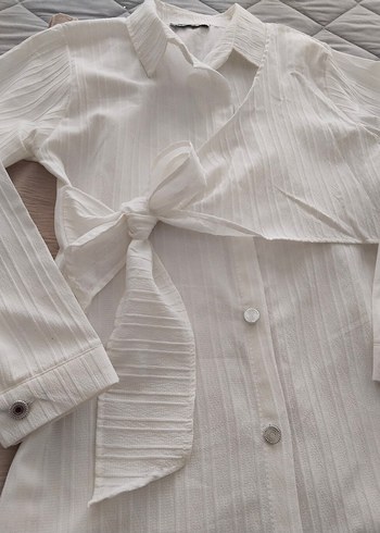 Beyaz Uzun Kollu Keten Kadın Gömlek - Görsel 3