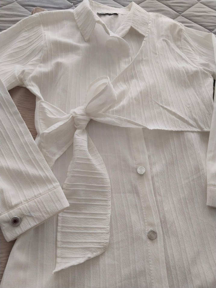 Beyaz Uzun Kollu Keten Kadın Gömlek - Görsel 3