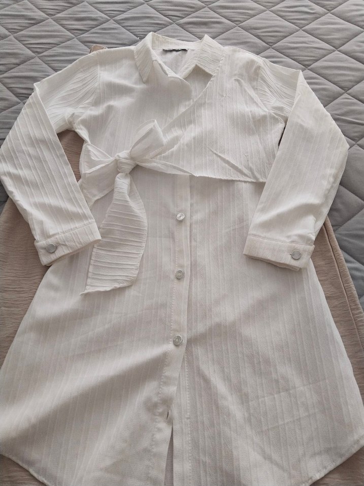 Beyaz Uzun Kollu Keten Kadın Gömlek - Görsel 2