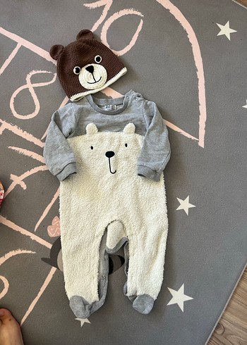 Peluş Detaylı Gri Bebek Tulum ve Şapka