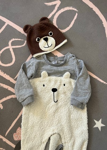 HelloBaby Peluş Detaylı Gri Bebek Tulum ve Şapka