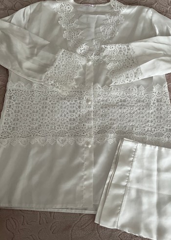 Beyaz Nakışlı Bohem Kadın Pijama Takımı - Görsel 3