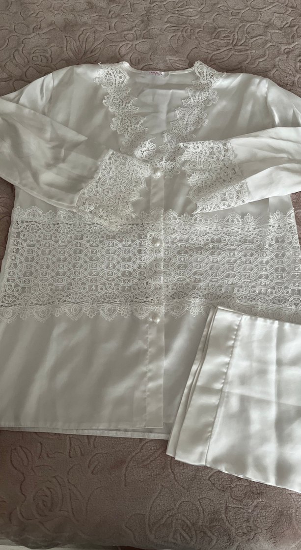 Beyaz Nakışlı Bohem Kadın Pijama Takımı - Görsel 3