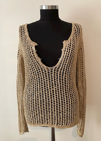 V Yaka Bej Örgü Kadın Kazak - Görsel 2