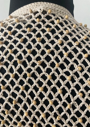 Boncuk İşlemeli Bej Örgü Kadın Yelek - Görsel 5