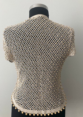 Boncuk İşlemeli Bej Örgü Kadın Yelek - Görsel 4