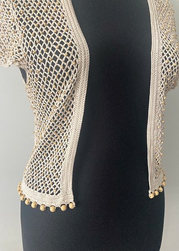 Boncuk İşlemeli Bej Örgü Kadın Yelek - Görsel 3