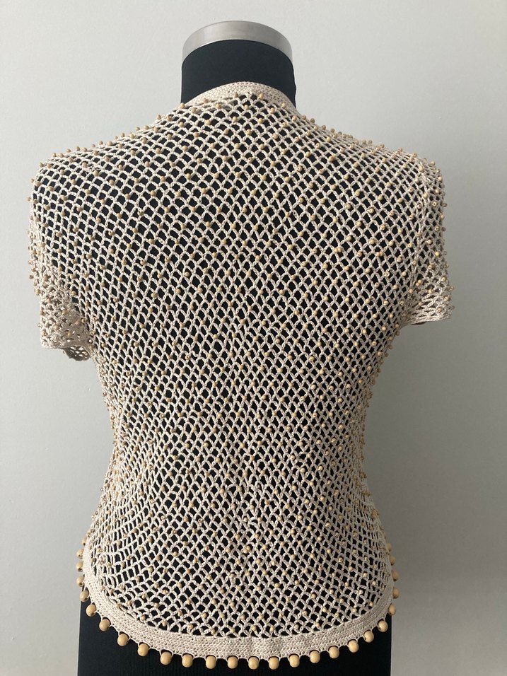 Boncuk İşlemeli Bej Örgü Kadın Yelek - Görsel 4