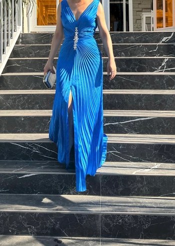 Mavi Pilili Uzun Abiye Elbise - Görsel 2