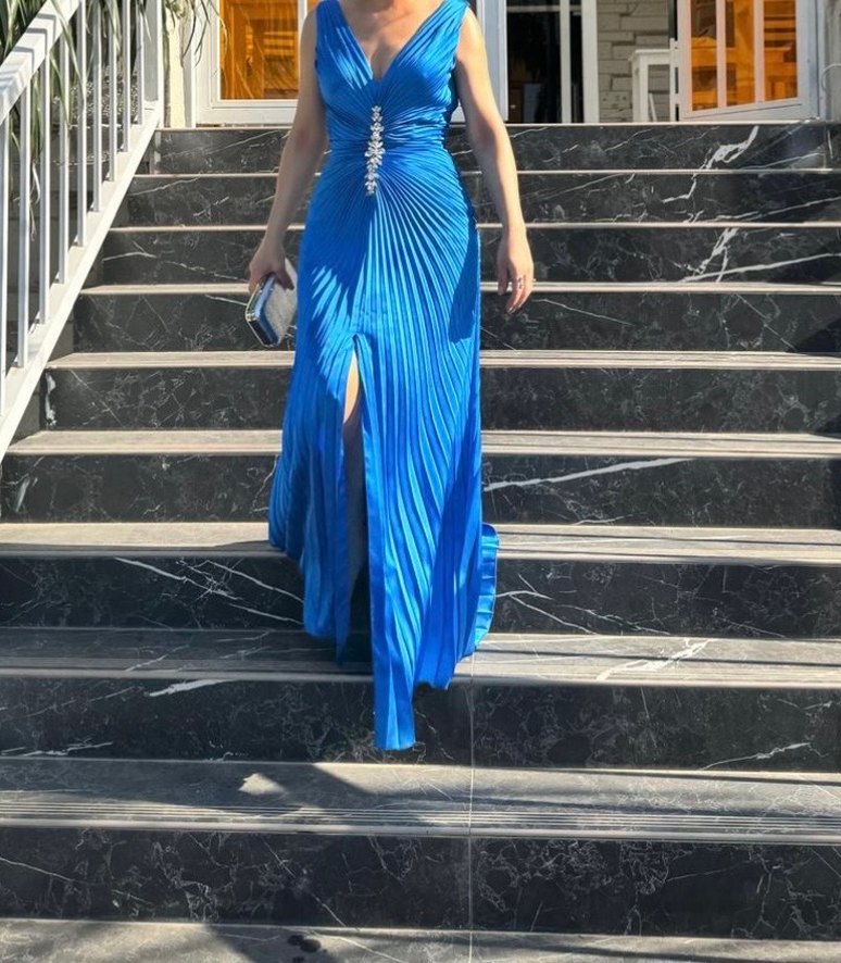 Mavi Pilili Uzun Abiye Elbise - Görsel 2