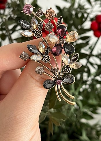 Bej Boncuklu Vintage Çiçek Broş - Görsel 2