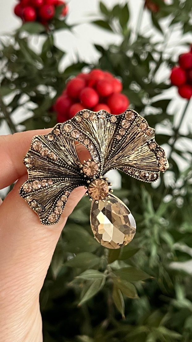Bej Boncuklu Vintage Çiçek Broş - Görsel 3