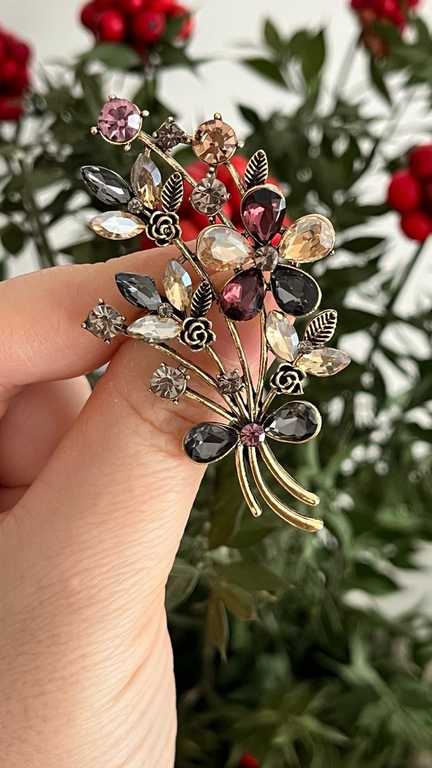Bej Boncuklu Vintage Çiçek Broş - Görsel 2
