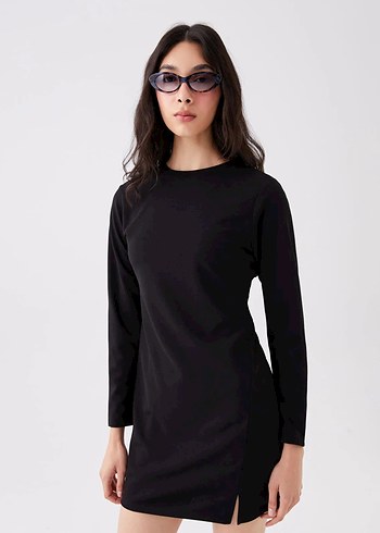 LCW Vision Siyah Bisiklet Yaka Düz Uzun Kollu Elbise - Görsel 2