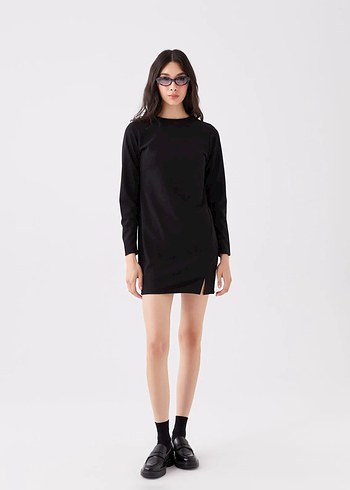 LCW Vision Siyah Bisiklet Yaka Düz Uzun Kollu Elbise - Görsel 3