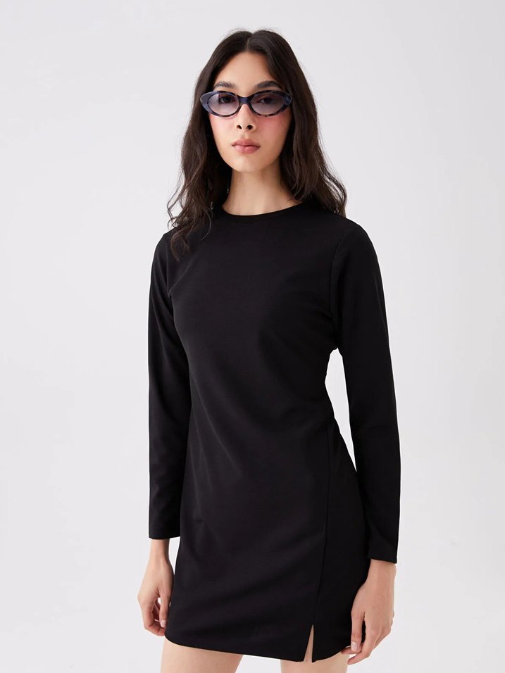 LCW Vision Siyah Bisiklet Yaka Düz Uzun Kollu Elbise - Görsel 2