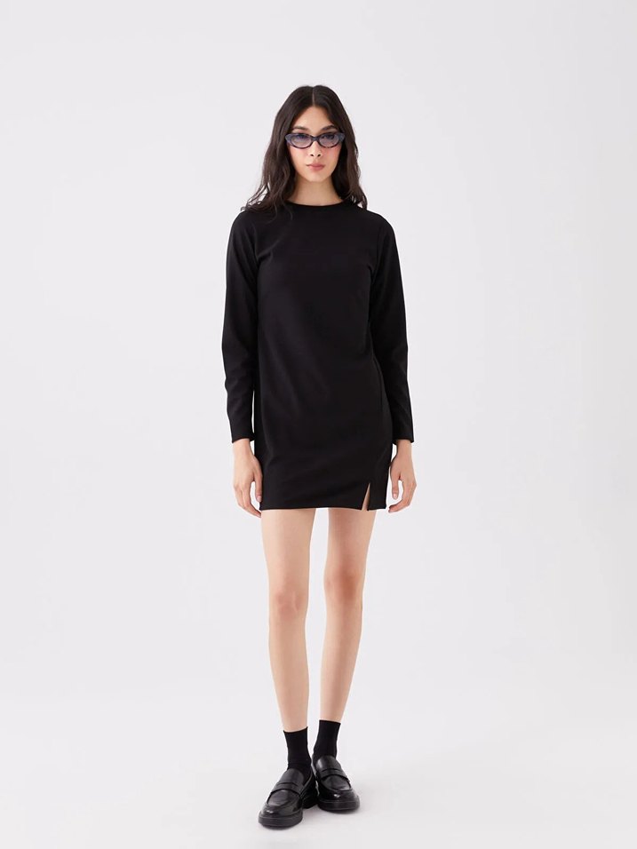 LCW Vision Siyah Bisiklet Yaka Düz Uzun Kollu Elbise - Görsel 3