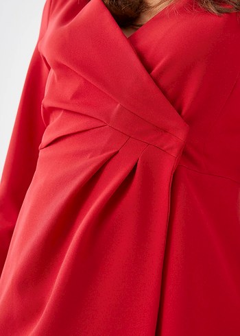 LCW Vision Kırmızı Kruvaze Yaka Düz Uzun Kollu Kadın Abiye - Görsel 6