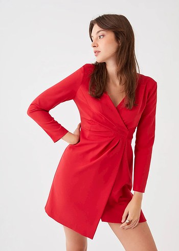 LCW Vision Kırmızı Kruvaze Yaka Düz Uzun Kollu Kadın Abiye - Görsel 2