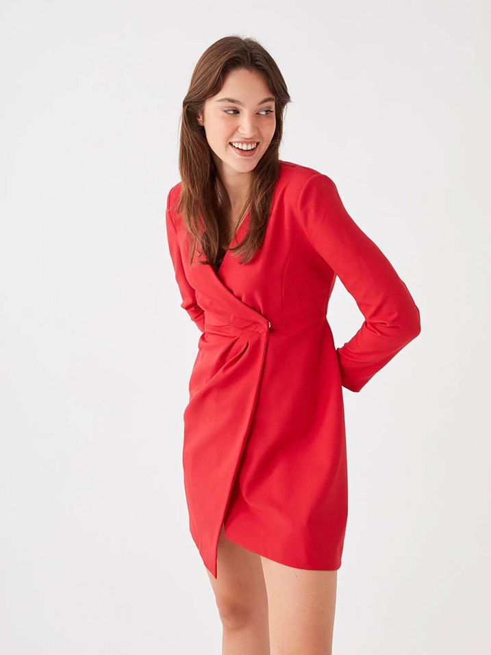 LCW Vision Kırmızı Kruvaze Yaka Düz Uzun Kollu Kadın Abiye - Görsel 3