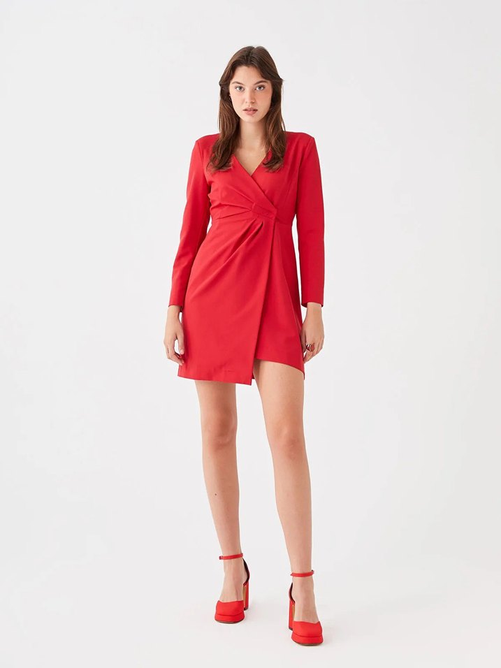 LCW Vision Kırmızı Kruvaze Yaka Düz Uzun Kollu Kadın Abiye - Görsel 4