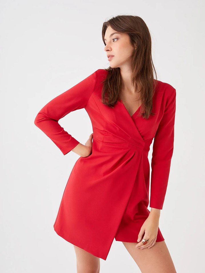 LCW Vision Kırmızı Kruvaze Yaka Düz Uzun Kollu Kadın Abiye - Görsel 2