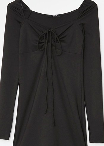 XSide Siyah Kalp Yaka Düz Uzun Kollu Kadın Bodycon Elbise - Görsel 3