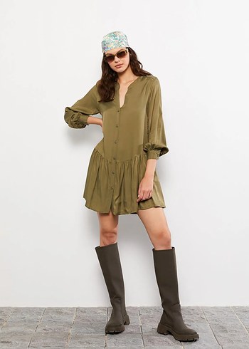 LCW Vision Haki Kaçık Yaka Düz Uzun Kollu Gabardin Gömlek Elbise - Görsel 3