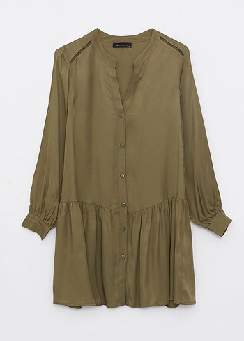 LCW Vision Haki Kaçık Yaka Düz Uzun Kollu Gabardin Gömlek Elbise - Görsel 6