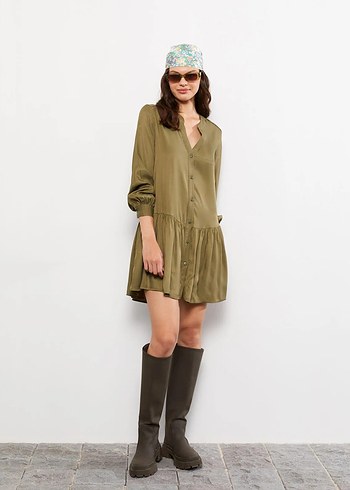LCW Vision Haki Kaçık Yaka Düz Uzun Kollu Gabardin Gömlek Elbise - Görsel 2