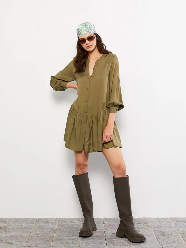 LCW Vision Haki Kaçık Yaka Düz Uzun Kollu Gabardin Gömlek Elbise - Görsel 3