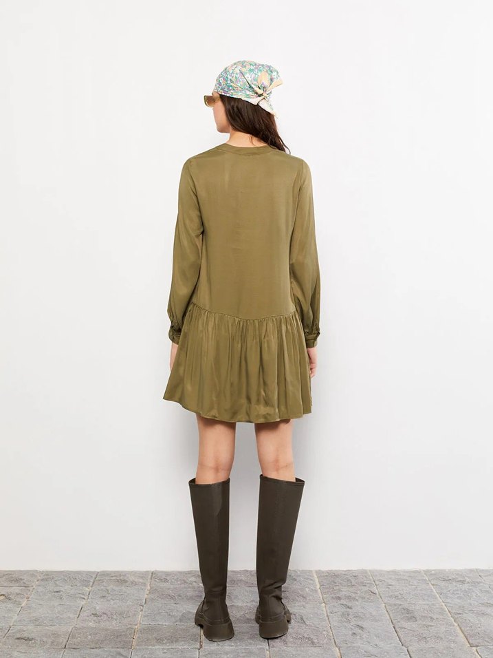 LCW Vision Haki Kaçık Yaka Düz Uzun Kollu Gabardin Gömlek Elbise - Görsel 5