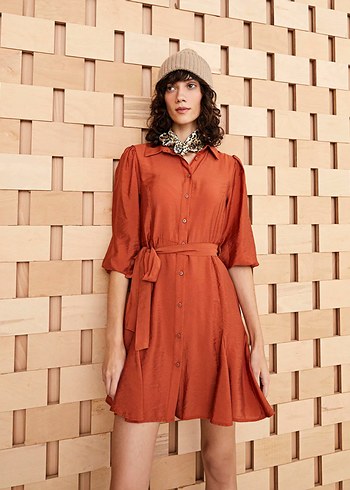 LCW Vision Kiremit Rengi Kadın Gömlek Yaka Düz Elbise - Görsel 3