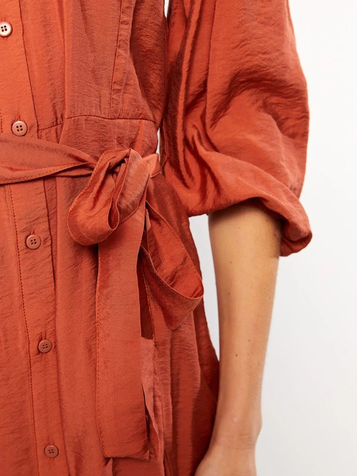 LCW Vision Kiremit Rengi Kadın Gömlek Yaka Düz Elbise - Görsel 4