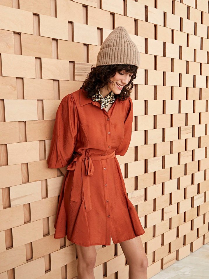 LCW Vision Kiremit Rengi Kadın Gömlek Yaka Düz Elbise - Görsel 2