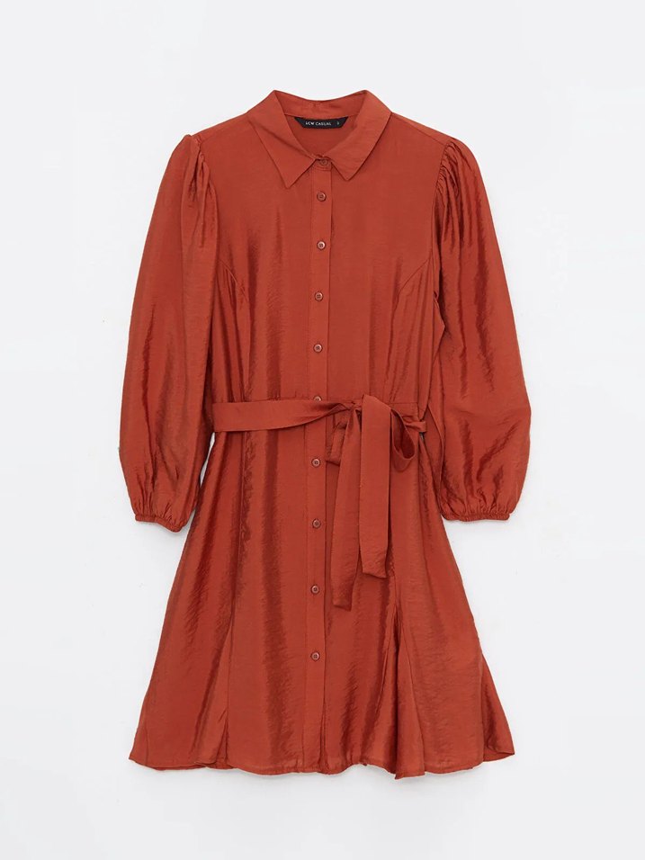 LCW Vision Kiremit Rengi Kadın Gömlek Yaka Düz Elbise - Görsel 5