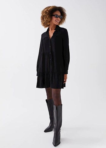 LCW Vision Siyah Puantiyeli Uzun Kollu Kadın Gömlek Elbise - Görsel 3