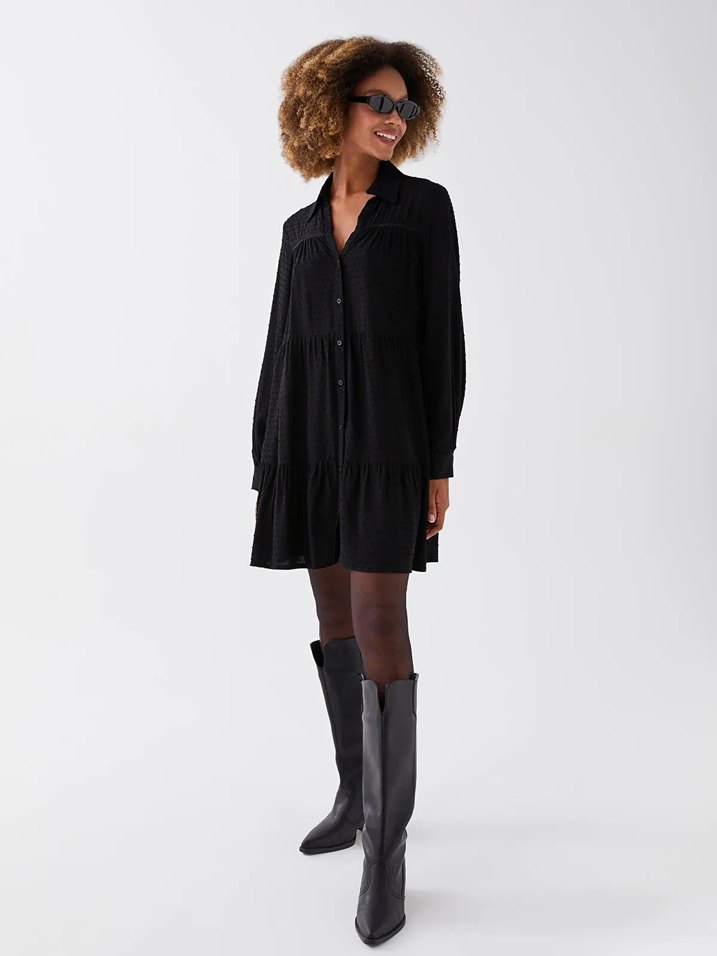 LCW Vision Siyah Puantiyeli Uzun Kollu Kadın Gömlek Elbise - Görsel 3