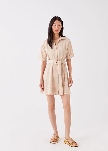 LCW Vision Bej Çizgili Kısa Kollu Kadın Gömlek Elbise - Görsel 2