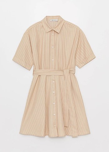 LCW Vision Bej Çizgili Kısa Kollu Kadın Gömlek Elbise - Görsel 5