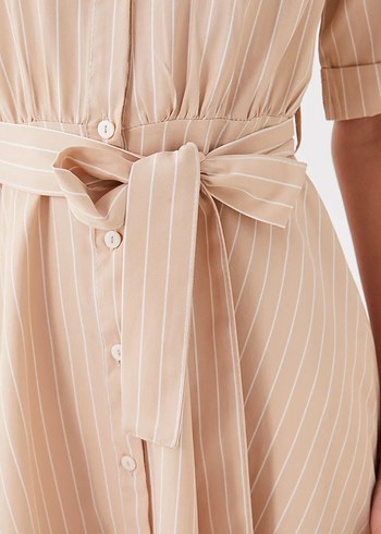 LCW Vision Bej Çizgili Kısa Kollu Kadın Gömlek Elbise - Görsel 3