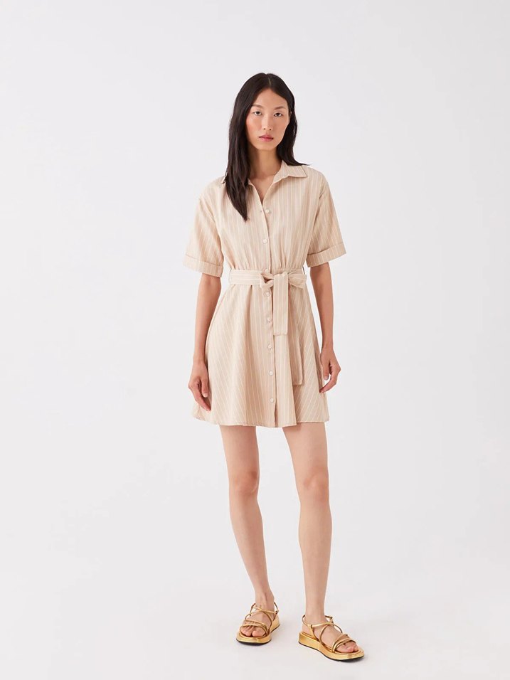 LCW Vision Bej Çizgili Kısa Kollu Kadın Gömlek Elbise - Görsel 2
