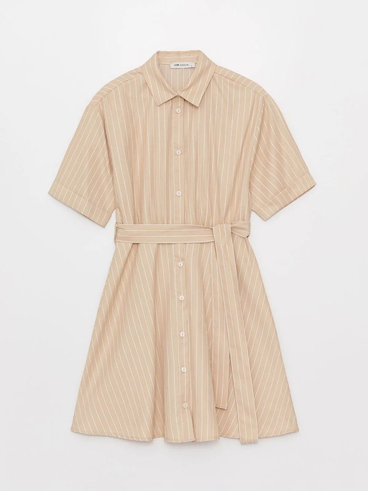 LCW Vision Bej Çizgili Kısa Kollu Kadın Gömlek Elbise - Görsel 5