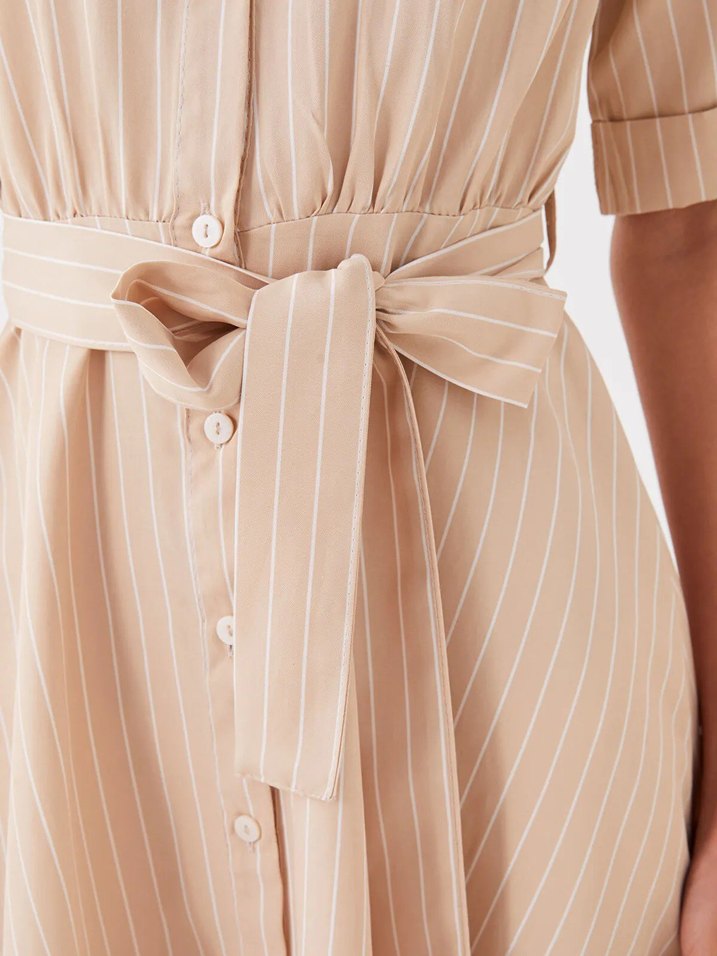 LCW Vision Bej Çizgili Kısa Kollu Kadın Gömlek Elbise - Görsel 3