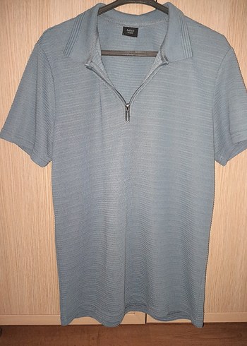 Mavi Kısa Kollu Yaka Fermuarlı Erkek Polo Tişört