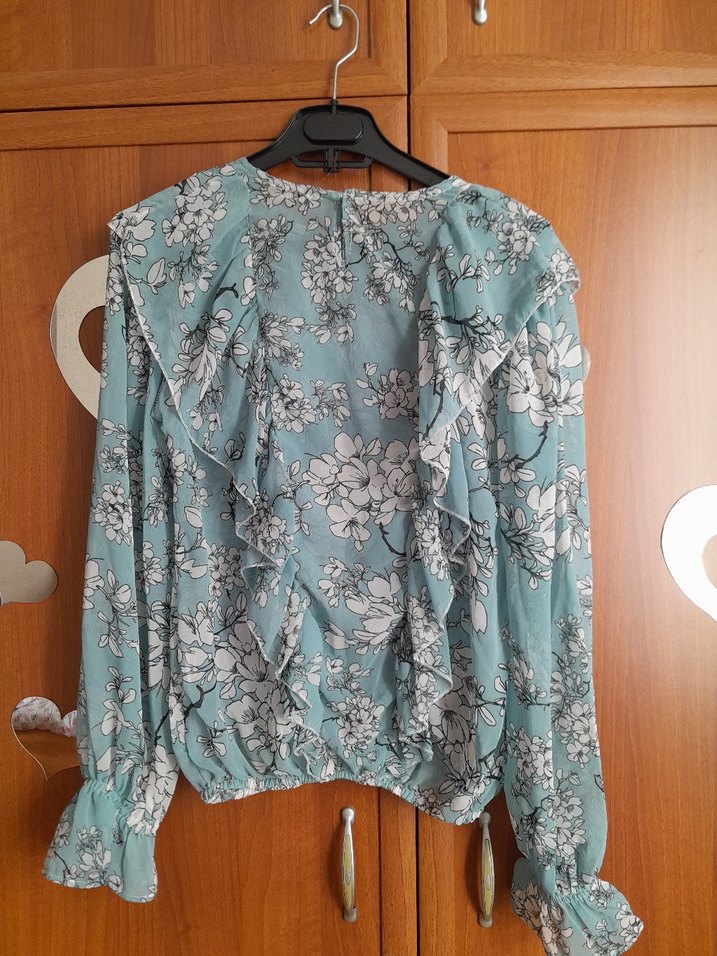 Uzun Kollu Turkuaz Desenli Kadın Bluz - Görsel 5