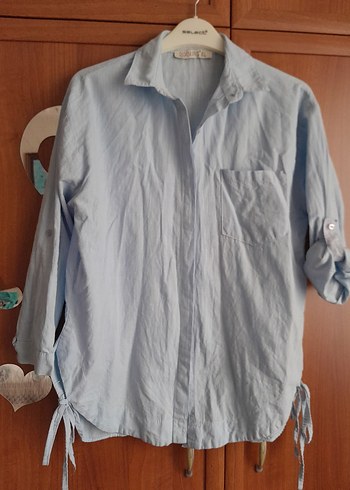 Kadın mavi Keten Gömlek - Görsel 2