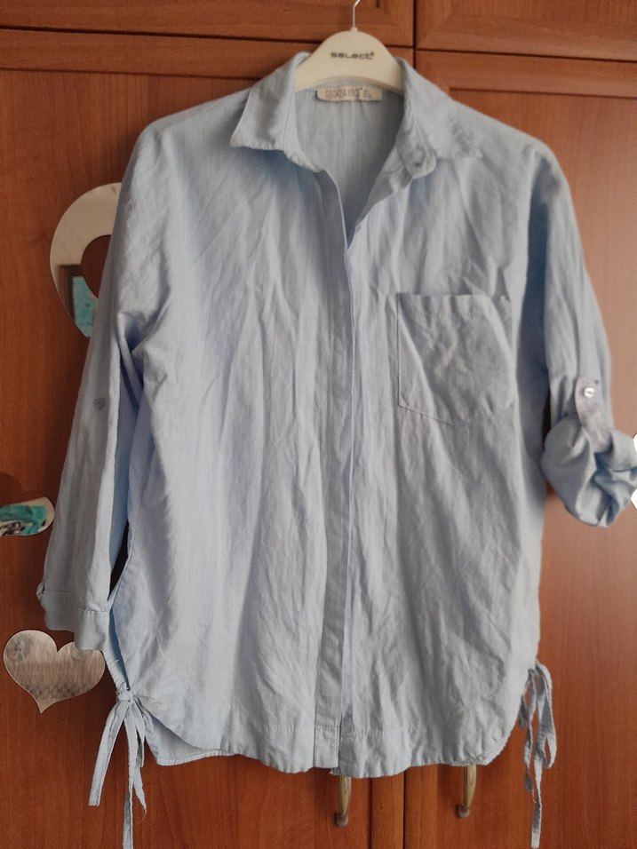 Kadın mavi Keten Gömlek - Görsel 2